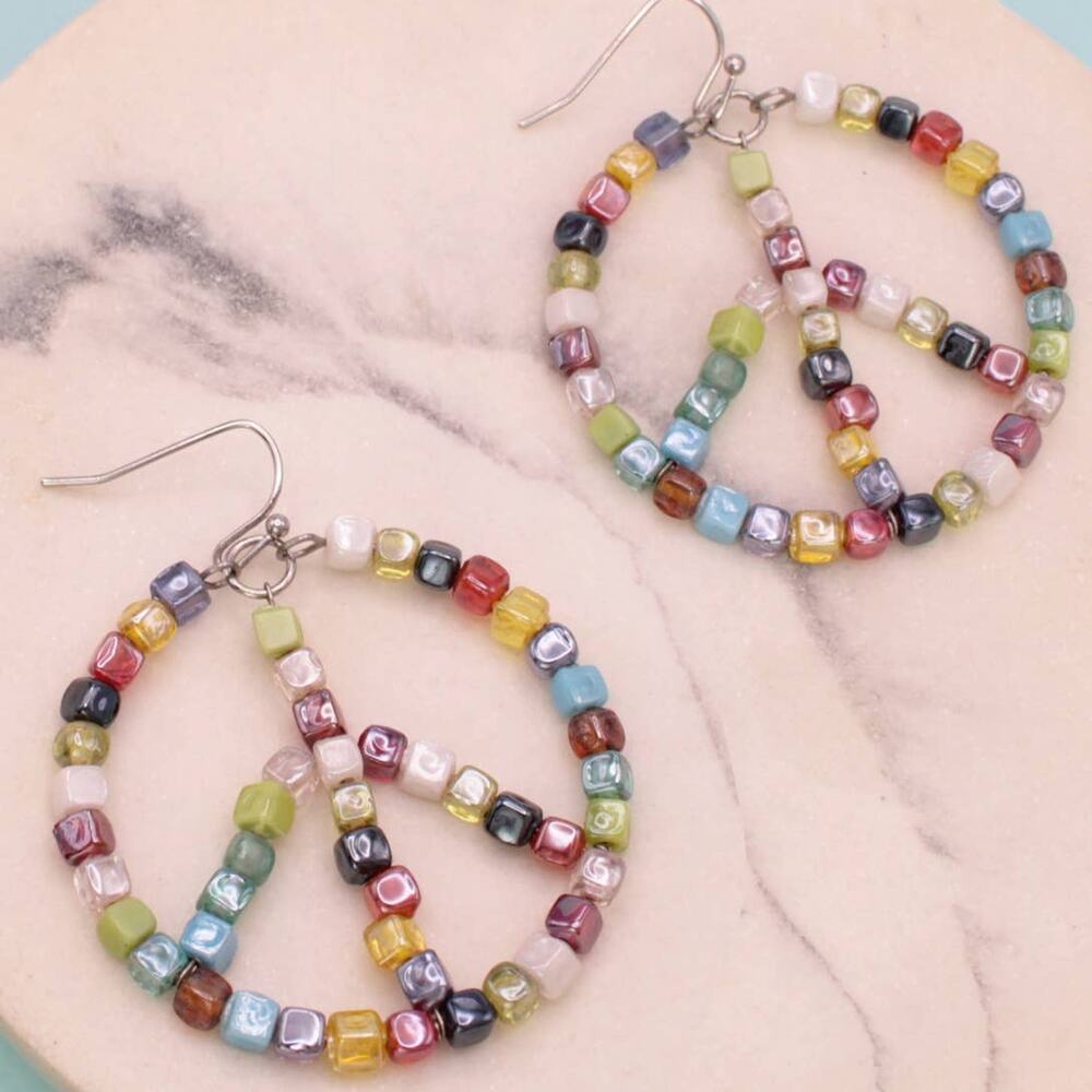 Living in Harmony Peace Sign Earrings | Rainbow Beaded Boho